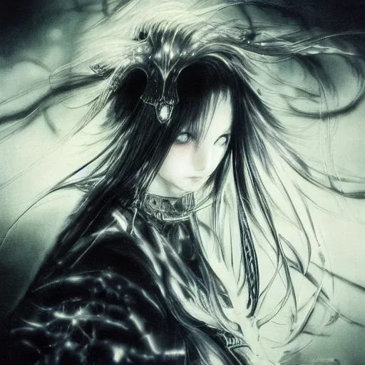 Prompt: Yoshitaka Amano blurred and dreamy illustration of an anime girl with black eyes, wavy white hair and cracks on her face wearing Elden ring armour with the cape fluttering in the wind, abstract black and white patterns on the background, noisy film grain effect, highly detailed, Renaissance oil painting, weird portrait angle