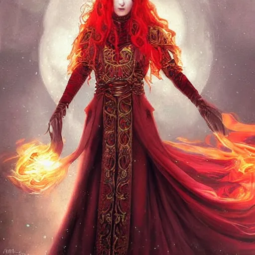 Prompt: Fantastic, fairytale, portrait, painting, beautiful!, female mage!, long flowing red hair, flames emitting from fingertips, ornate gown, smoldering, serious, royalty kingdom, royal court, hyperreal, photoreal painting, dungeons and dragons