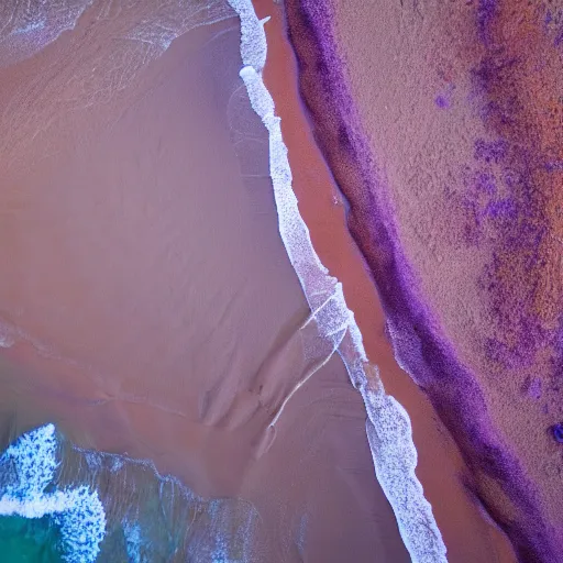 Prompt: Arial shot of a beach with orange sand and a sea of purple