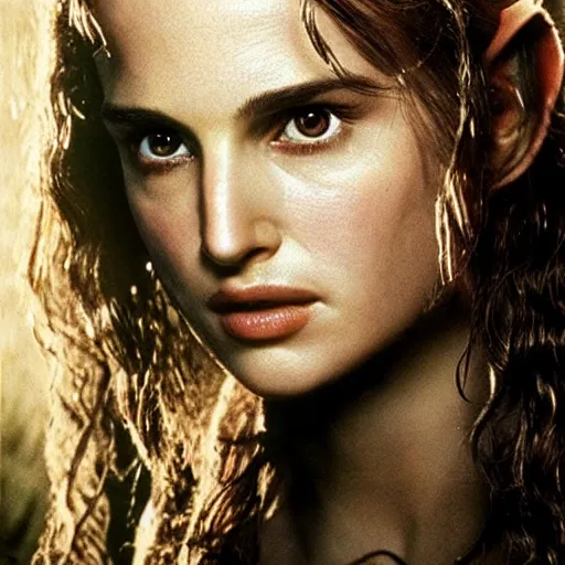 Prompt: head and shoulders portrait 7 0 mm photo from “ lord of the rings ” of natalie portman as a female elf sorceress, photo by philip - daniel ducasse and yasuhiro wakabayashi and jody rogac and roger deakins