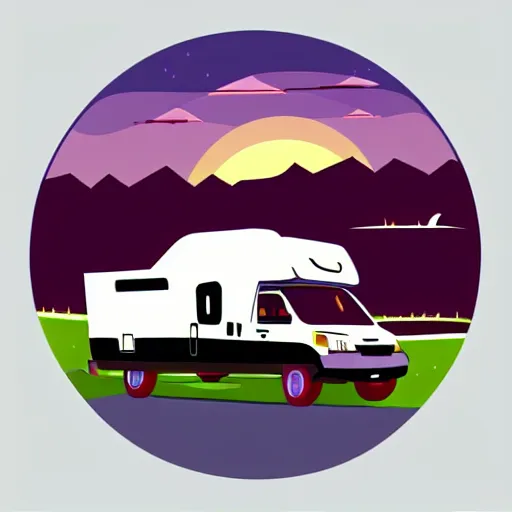 Prompt: vector art of a white and black cute thor chateau! motorhome camper!!, highway, mountains and colorful sunset!!, very very happy, dramatic motion, warm colors, crisp lines, very minimal vector art, sticker!! by tom whalen