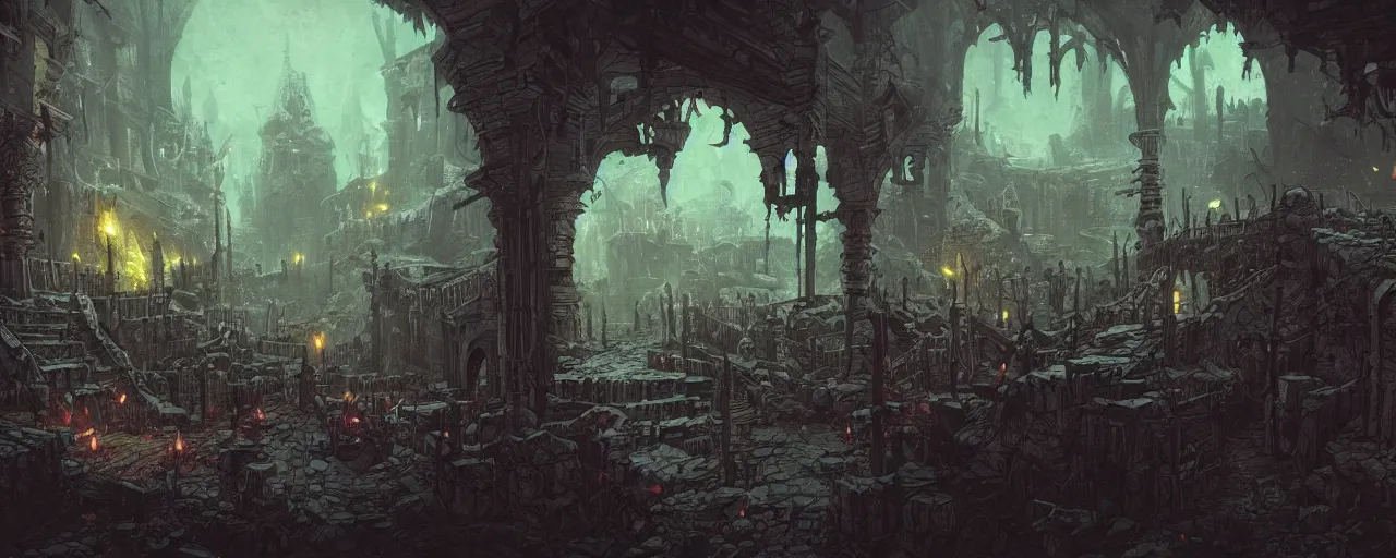 Prompt: battle background of a dungeon. darkest dungeon. art by moebius and thomas kinkade and greg rutkowski.