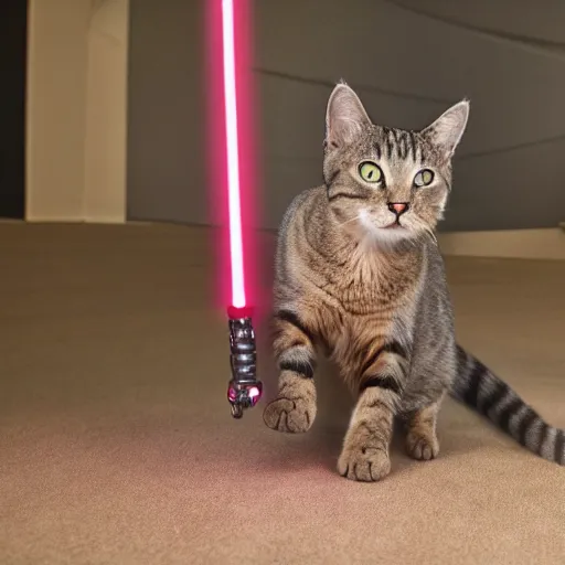 Prompt: a cat swinging around a lightsaber, hd 4 k photo