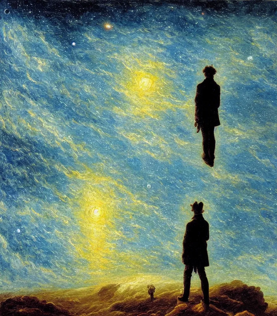 Image similar to an impasto oil painting of a futuristic wanderer gazing into a the universe painted by caspar david friedrich, light colors, starts, galaxy, impressionism