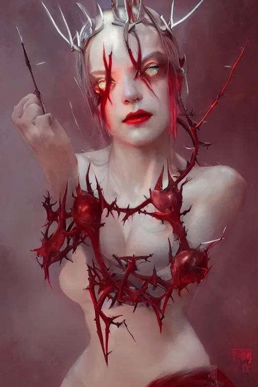 Image similar to Portrait of beautiful pale succubus maiden with crown of thorns, and devil's horns, red lighting, digital art by Ruan Jia and Mandy Jurgens and Artgerm, highly detailed, trending on artstation, award winning,