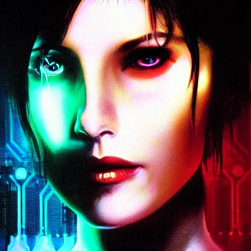 Image similar to Molly from the novel Neuromancer, eye implants, portrait shot, cyberpunk, movie still, poster art by Drew Struzan