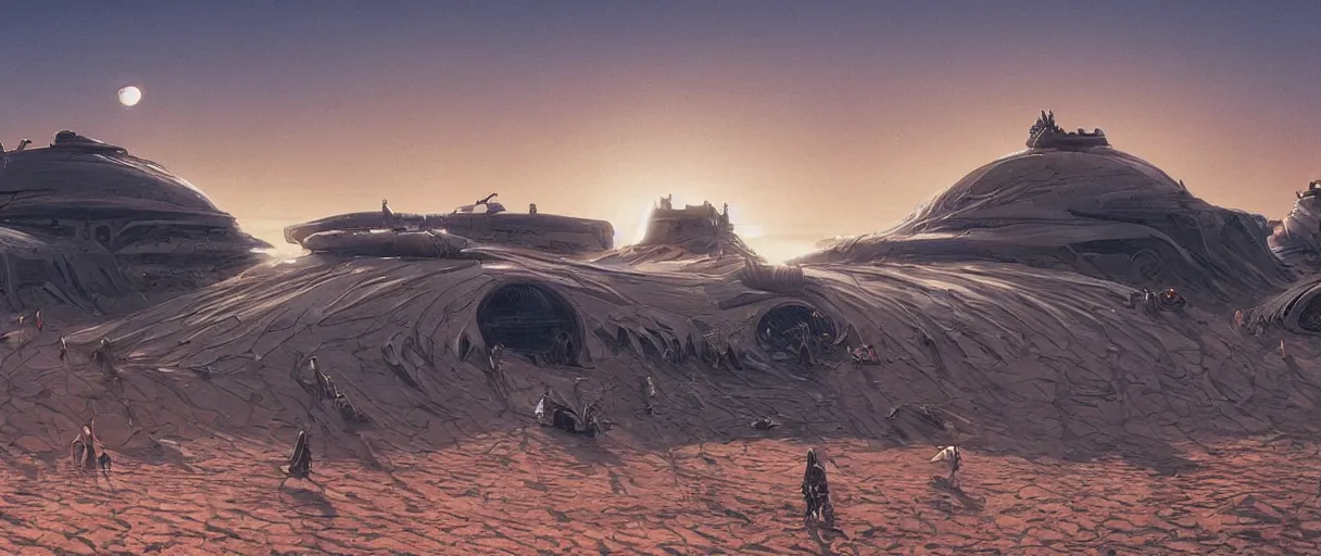 Prompt: hhouse atreides on dune, hdr, 8 k, bokeh, volumetric lighting, designed by moebius, yasushi nirasawa syd mead