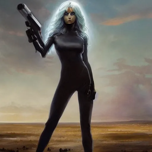Image similar to pleiadian woman with big eyes and long silver hair wearing a dark body suit and holding a plasma gun standing in barren fields, cinematic, ultra detailed, art by greg rutkowski