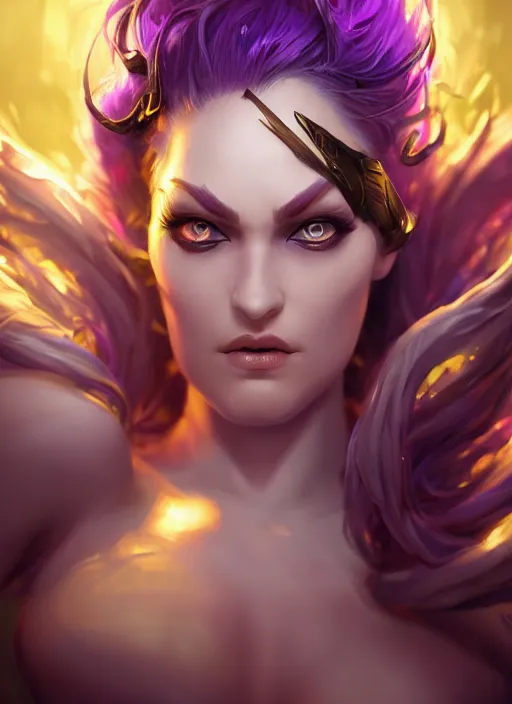 Image similar to morgana, from league of legends, au naturel, hyper detailed, purple skin, digital art, trending in artstation, cinematic lighting, studio quality, smooth render, unreal engine 5 rendered, octane rendered, art style by klimt and nixeu and ian sprigger and wlop and krenz cushart