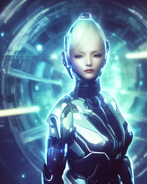 Image similar to photo of a android girl on a mothership, warframe armor, beautiful face, scifi, nebula, futuristic background, galaxy raytracing, dreamy, focused, sparks of light, complex, long white hair, blue cyborg eyes, glowing, 8 k high definition, insanely detailed, intricate, innocent, art by akihiko yoshida, antilous chao, woo kim