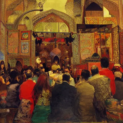 Image similar to dragons on display in a dragon auction in the grand bazaar of isfahan by edwin lord weeks