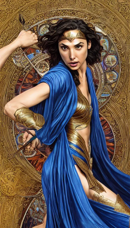 Prompt: gal gadot as a sorceress, passionate, seductive, sweaty, intricate dressed in ornate blue robes and staff, lovely, intricate, highly detailed, digital painting, artstation, concept art, karma sutra, smooth, sharp focus, illustration, unreal engine 5, 8 k, art by artgerm and greg rutkowski and alphonse mucha