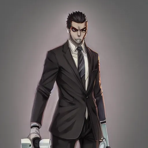 Image similar to wolf in suit, holding brush, anime, artgerm, wlop, artstation, detalied, high quality,