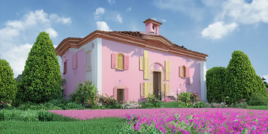 Image similar to 3D render of an Italian villa with an ice cream scoop as the roof, pastel colors, 8k, hd, bloom effect