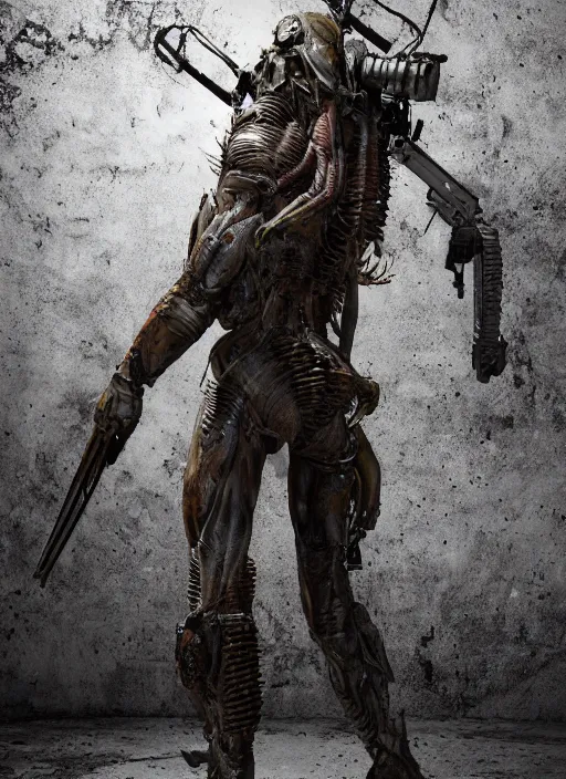 Image similar to a photorealistic dramatic hyperrealistic render of predator the alien hunter, ultra realistic details, well worn, rust, oil stains designed by vitaly bulgarov and mike nash, beautiful dramatic dark moody tones and lighting, cinematic atmosphere, studio lighting, global illumination, shadows, dark background, octane render, 8 k