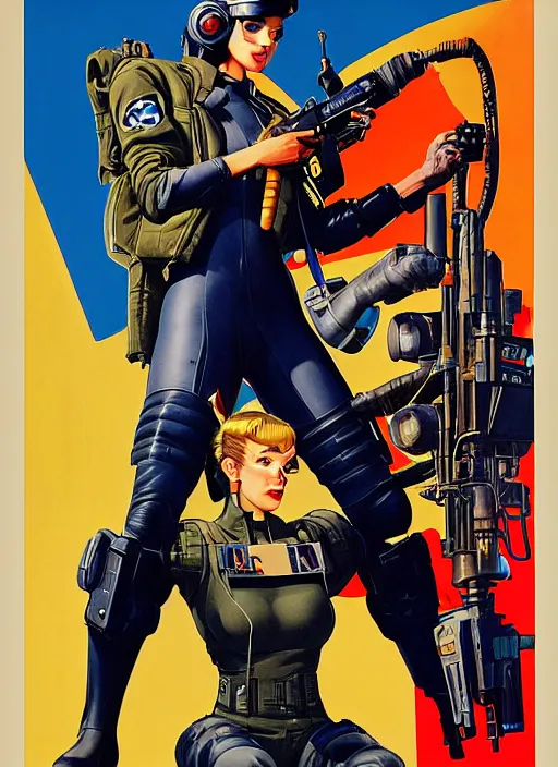 Image similar to american propaganda poster. cyberpunk pilot in military vest and tactical jumpsuit. portrait by jean giraud and anton otto fischer and john philip falter and will eisner and gil elvgren and pixar. realistic proportions. character art. science fiction d & d. overwatch, rb 6 s, cyberpunk 2 0 7 7, blade runner 2 0 4 9.