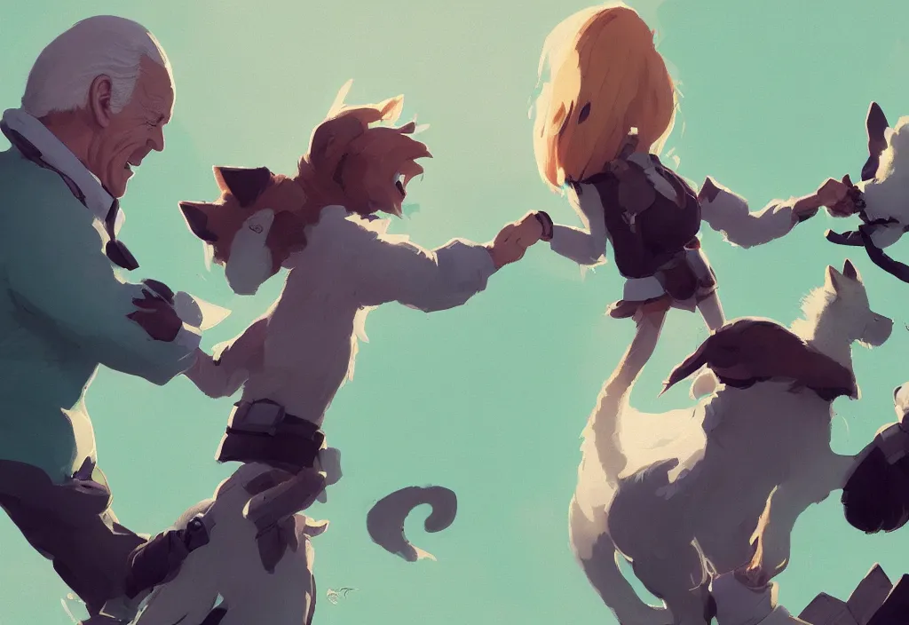 Image similar to portrait of joe biden shaking hand with a cute catgirl, epic debates, presidental elections candidates, cnn, fox news, fantasy, by atey ghailan, by greg rutkowski, by greg tocchini, by james gilleard, by joe gb fenton, dynamic lighting, gradient light green, brown, blonde cream, salad and white colors in scheme, grunge aesthetic