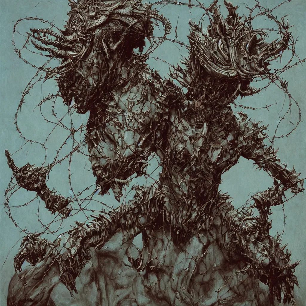 Image similar to A creepy armored horned fanged demon woman with blue scarred skin wrapped in barbed wire. Extremely high detail, realistic, fantasy art, solo, bones, ornate, textured, cgsociety masterpiece, saturated colors, tricate omnious visionary concept art tangled, ripped flesh, art by Zdzisław Beksiński, Arthur Rackham, Dariusz Zawadzki