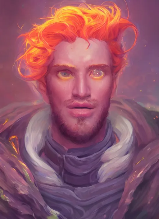 Image similar to glowwave portrait of curly orange hair man from league of legends, au naturel, hyper detailed, digital art, trending in artstation, cinematic lighting, studio quality, smooth render, unreal engine 5 rendered, octane rendered, art style by klimt and nixeu and ian sprigger and wlop and krenz cushart.