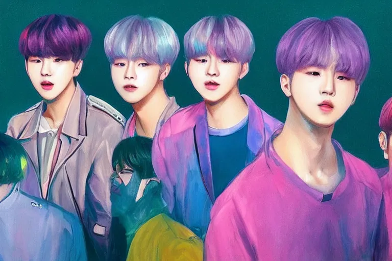 Prompt: “ a portrait of members of bts k - pop band, rainy background, bright art masterpiece artstation. 8 k, sharp high quality artwork in style of jose daniel cabrera pena, concept art by tooth wu, fanart ”