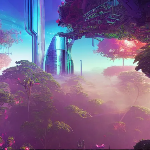 Image similar to lush organic alien skyline, flowers cryengine render by android jones, syd mead, and john stephens