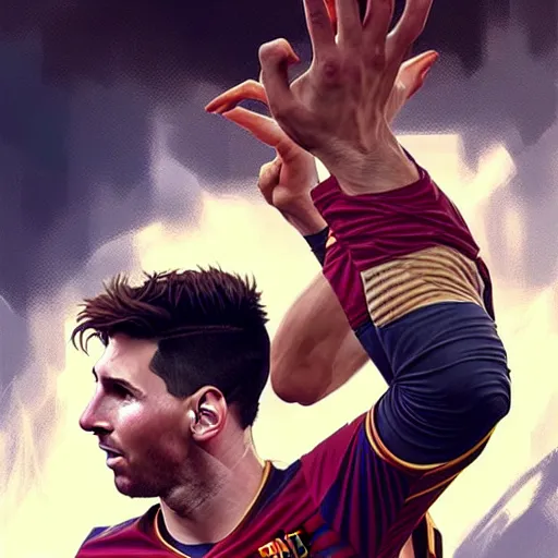 Image similar to Messi dunking on Ronaldo, D&D, fantasy, intricate, elegant, highly detailed, digital painting, artstation, concept art, matte, sharp focus, illustration, art by Artgerm and Greg Rutkowski and Alphonse Mucha