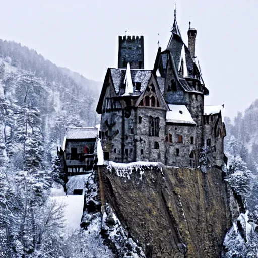 Image similar to vampire's castle in the mountains, snowy