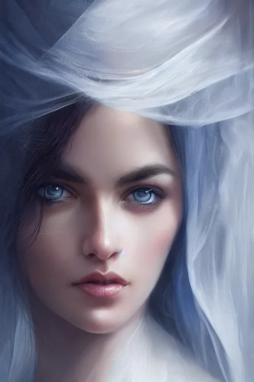 Image similar to Ameera al-Taweel, blue eyes, long wavy black hair, white veil, closeup, focus face, elegant, highly detailed, centered, digital painting, artstation, concept art by tom bagshaw, illustration