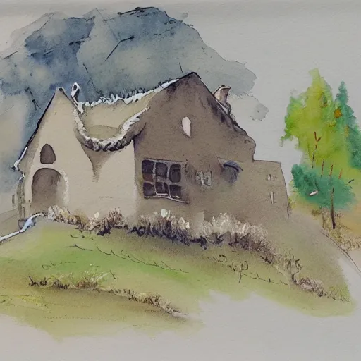Image similar to a watercolor and ink painting of a cottage, drawn on white parchment paper, vibe, atmosphere, detailed, muted colors