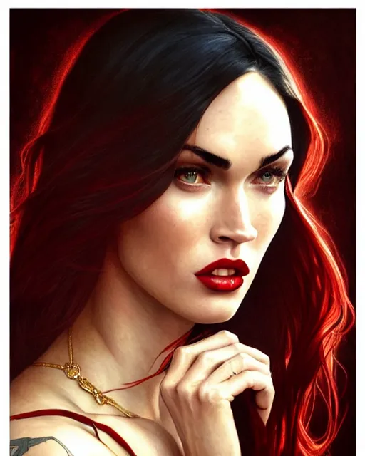 Prompt: megan fox vampire, perfect face, gold waistcoat, red shirt, long grey hair, red necktie, cinematic, stunning, highly detailed, digital painting, artstation, smooth, hard focus, illustration, art by artgerm and greg rutkowski and alphonse mucha