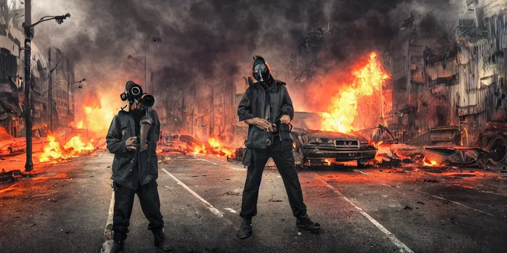 Image similar to post - apocalyptic city streets, close - up shot of an anarchist with a gasmask, burned cars, explosions, colorful smoke, hyperrealistic, gritty, damaged, dark, urban photography, photorealistic, high details