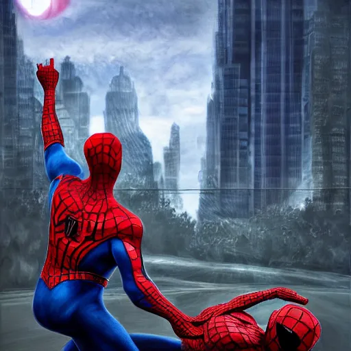 Image similar to realistic landscape painting of Spiderman versus DarkSeid as Kamen Rider, made by Michaelangelo, horror, physical painting, Sharp focus,digital art, bright colors,fine art, trending on Artstation, unreal engine.