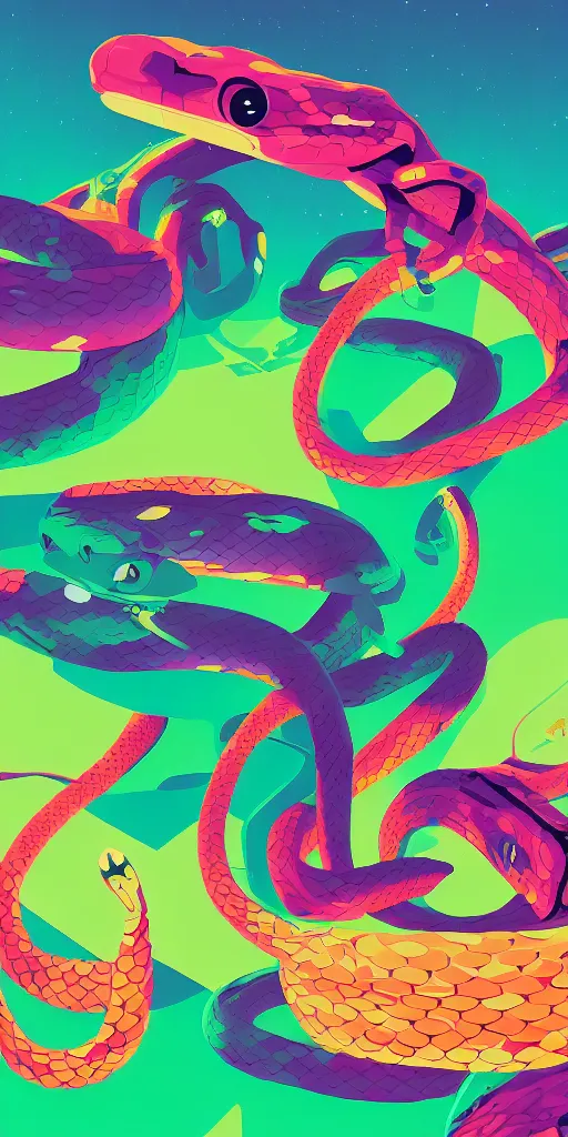 Prompt: cursed multicolored snakes, green colors, tom whalen, james gilleard, liam brazier, tristan eaton