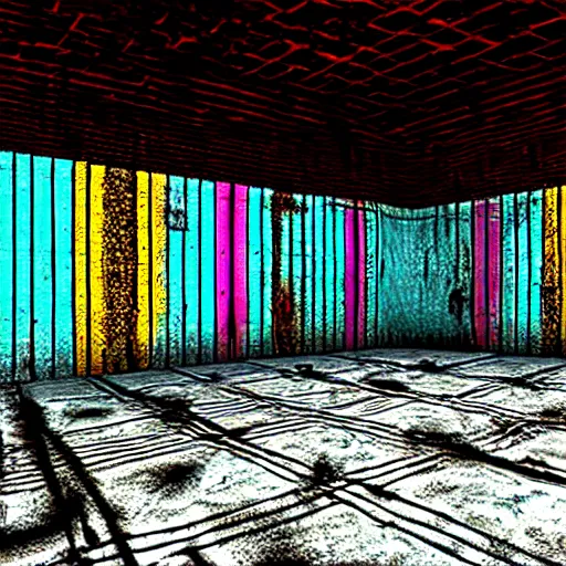 Image similar to underground prison, corroded metal bars, concrete, colorful tapestries, rugs, concept art