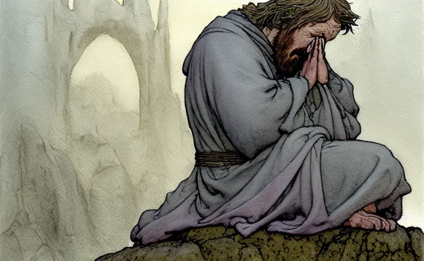 Prompt: a hyperrealist watercolour character concept art portrait of one small grey medieval monk kneeling in prayer. a giant flat rock floats in the air above him. it is a misty night. by rebecca guay, michael kaluta, charles vess and jean moebius giraud