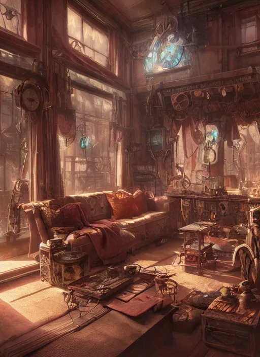 Prompt: a beautiful insanely detailed matte painting of a steampunk living room, sharp, ray tracing, ambient occlusion, octane render, intense colors, by moebius, by greg rutkowski, by rossdraws