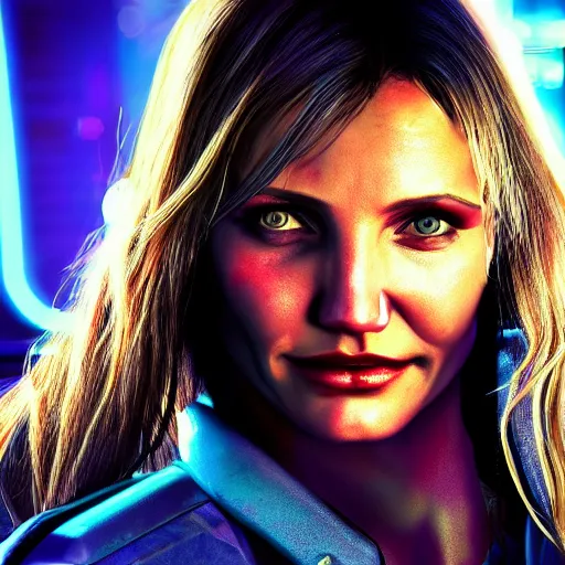 Image similar to cameron diaz portrait, Cyberpunk 2077, cyberpsycho, photorealistic, ultra detailed, neon, octane, bokeh, cyber, cyberpunk city, feature, scars, cyberface, 8k