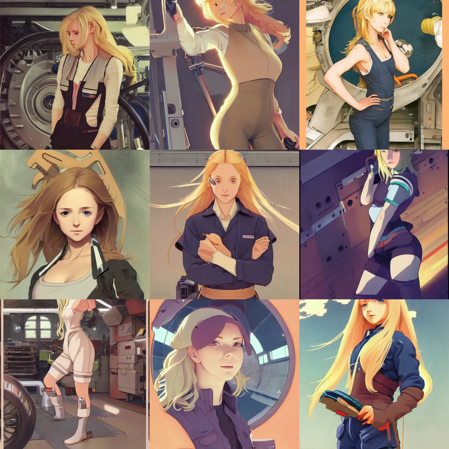 Prompt: a mechanic working in a busy starship hanger, finely illustrated face, long blonde hair, bodysuit, highly detailed, colored pencil, studio ghibli, tankobon, in the style of ilya kuvshinov and krenz cushart and william - adolphe bouguereau and alphonse mucha