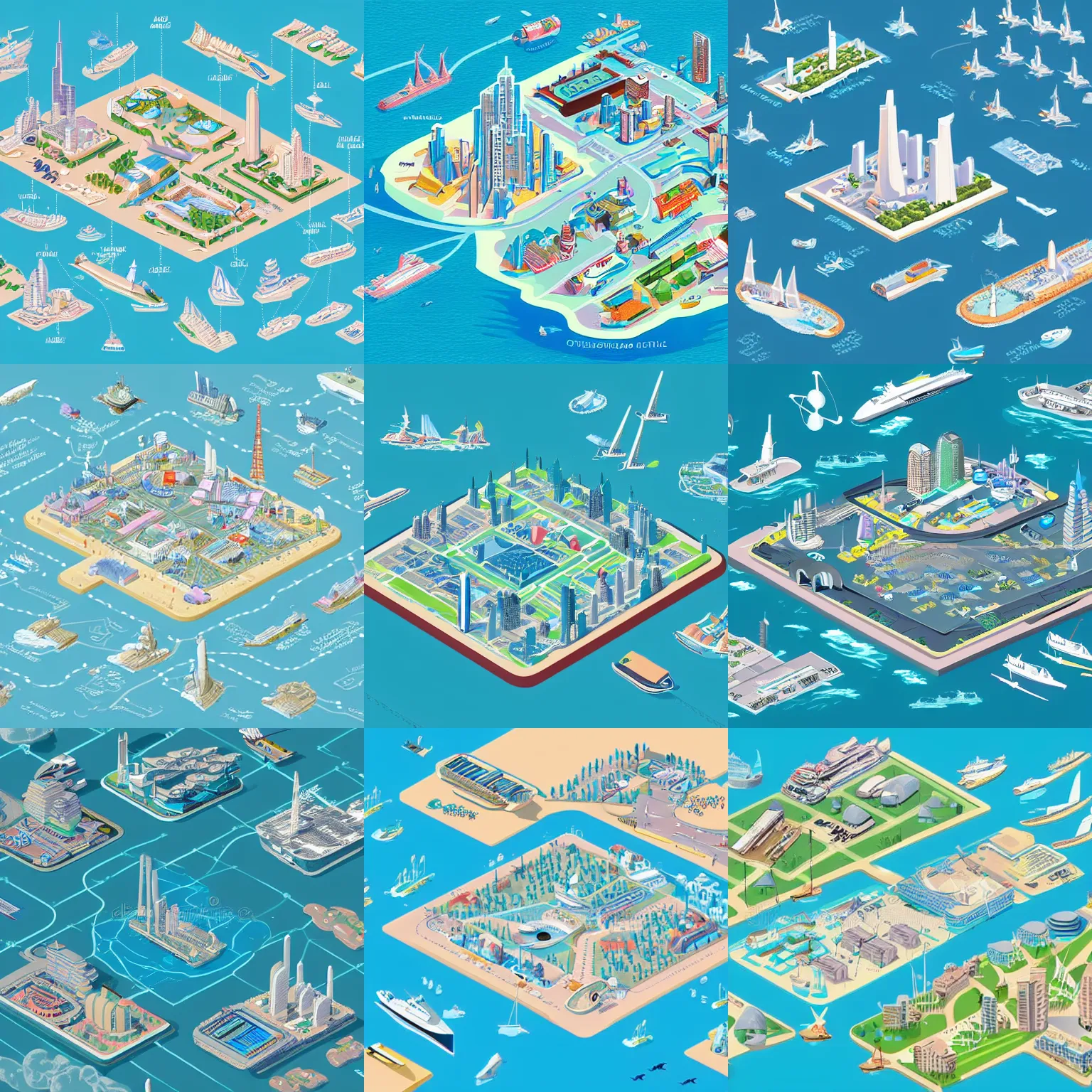 Prompt: a detailed map of a technologically advanced city in an island surrounded by water with a few futuristic ships stationed around it. isometric, french illustration, pastel