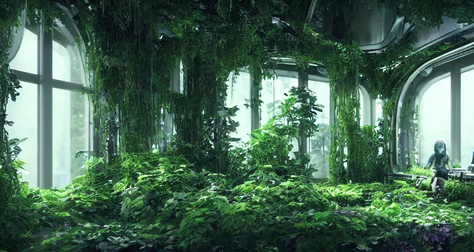 Image similar to inside a spaceship living quarters overgrown with plant life and ivy, artgerm, yoshitaka amano, gothic interior, 8 k, octane render, unreal engine