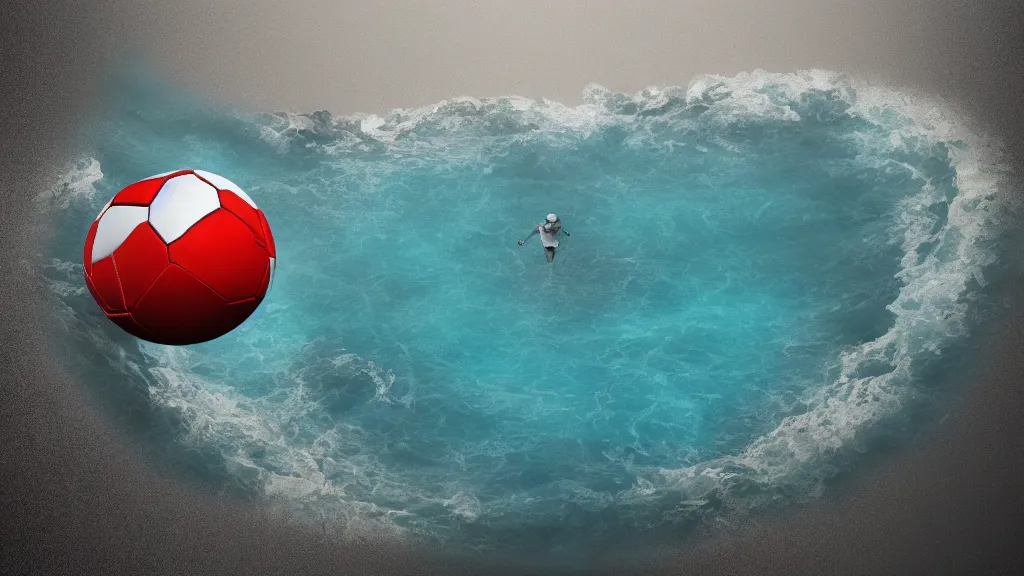 Image similar to a 3D render of football floating in the ocean near an island, high contrast, highly detailed, sharp focus, digital painting, 3D art, illustration, trending on artstation,