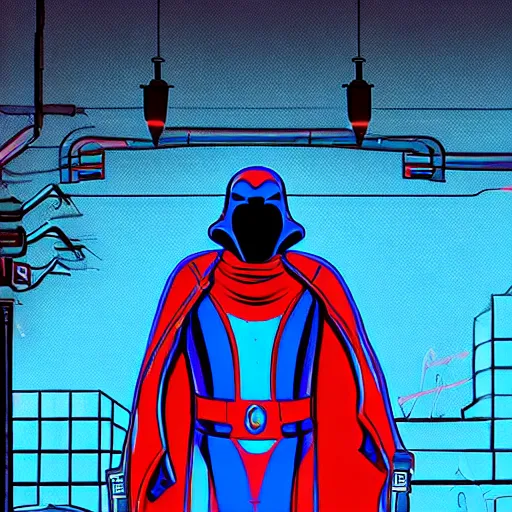 Prompt: cobra commander from gi joe standing under a streetlight in the cyberpunk ghetto, by Bob McLeod, comic illustration, neon synthwave colors, 8k, hd.