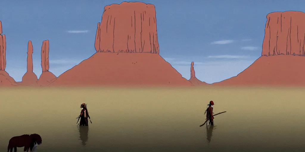 Image similar to a realistic cell - shaded studio ghibli concept art from paprika ( 2 0 0 6 ) of a giant mammoth and a grey native american warrior in a flooded monument valley stonehenge. very dull colors, wide shot, hd, 4 k, hq