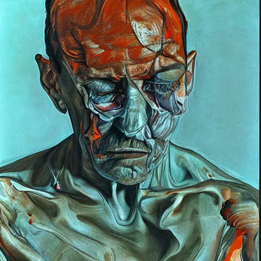 Image similar to high quality high detail painting of a man in agony by lucian freud and jenny saville and francis bacon, hd, anxiety, turquoise and orange