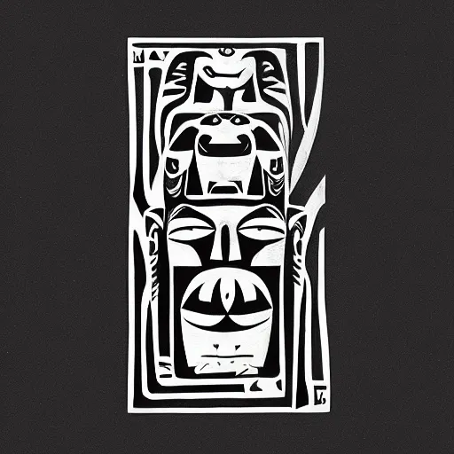 Image similar to totem pile by Jeremy Fish. Inspired by mrjeremyfish on instagram. Black and white duotone ink drawing. Flawless quality logo graphic design