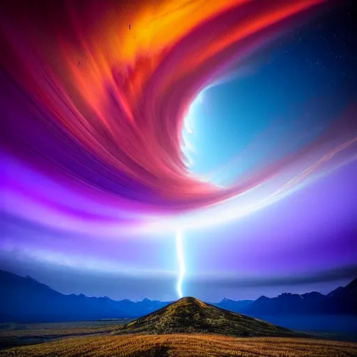 Image similar to amazing photo of a purple tornado in the sky by marc adamus, beautiful dramatic lighting