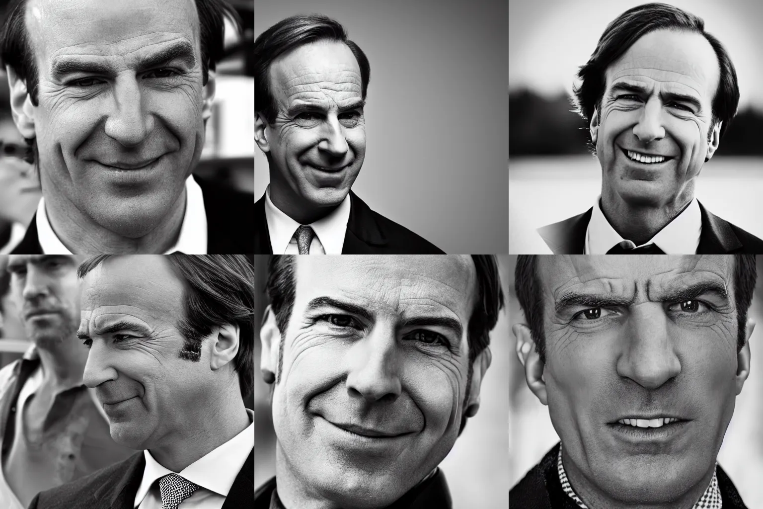 Prompt: photo of Saul Goodman from Breaking Bad as GigaChad, Black and White, Close-Up, Ridiculously Handsome, Smiling, Big Chin, Serious, Award Winning Photo, HD