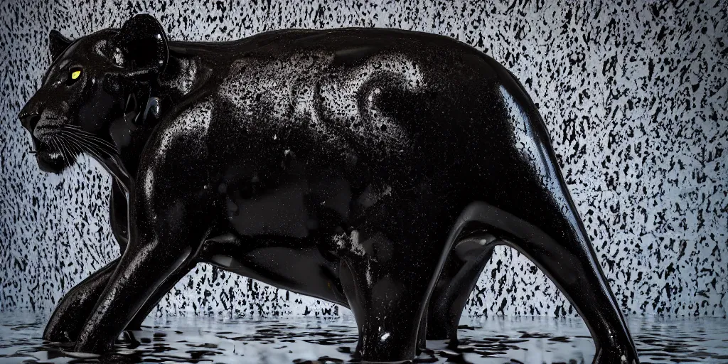 Image similar to a black lioness made of ferrofluid bathing inside the bathtub full of tar, covered with black goo, covered with slime, drooling ferrofluid. dslr, photography, realism, animal photography, color, modern bathroom, hyper realistic, 8 k resolution, v - ray, 3 d render