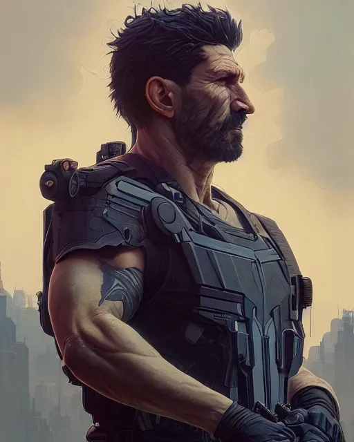 Image similar to highly detailed vfx portrait of the punisher, stephen bliss, unreal engine, greg rutkowski, loish, rhads, beeple, makoto shinkai and lois van baarle, ilya kuvshinov, rossdraws, tom bagshaw, alphonse mucha, global illumination, detailed and intricate environment