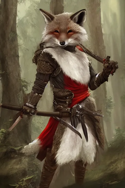 Prompt: a medieval anthropomorphic fox assassin with a fluffy tail in the forest as a dnd character, trending on artstation, cgsociety, assassins creed, fantasy art